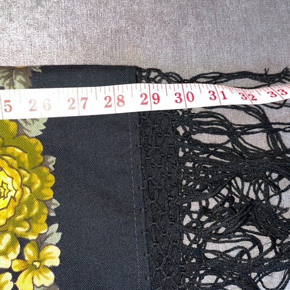 Traditional shawl in green and yellow flowers on black, 57 in/145 cm square. - Picture 12 of 13